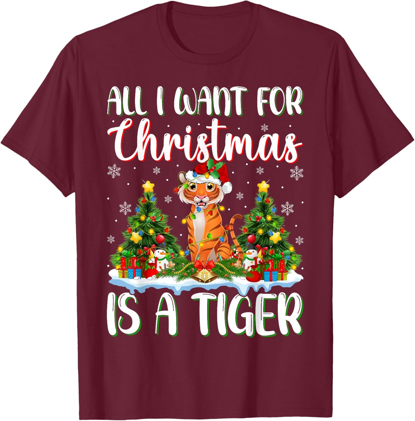 I Want For Christmas Is A Tiger Xmas Tree Lights T-Shirt - T-Shirt | Maroon