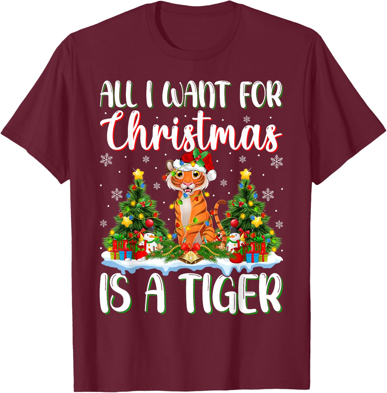 I Want For Christmas Is A Tiger Xmas Tree Lights T-Shirt - T-Shirt | Maroon