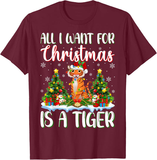 I Want For Christmas Is A Tiger Xmas Tree Lights T-Shirt - T-Shirt | Maroon