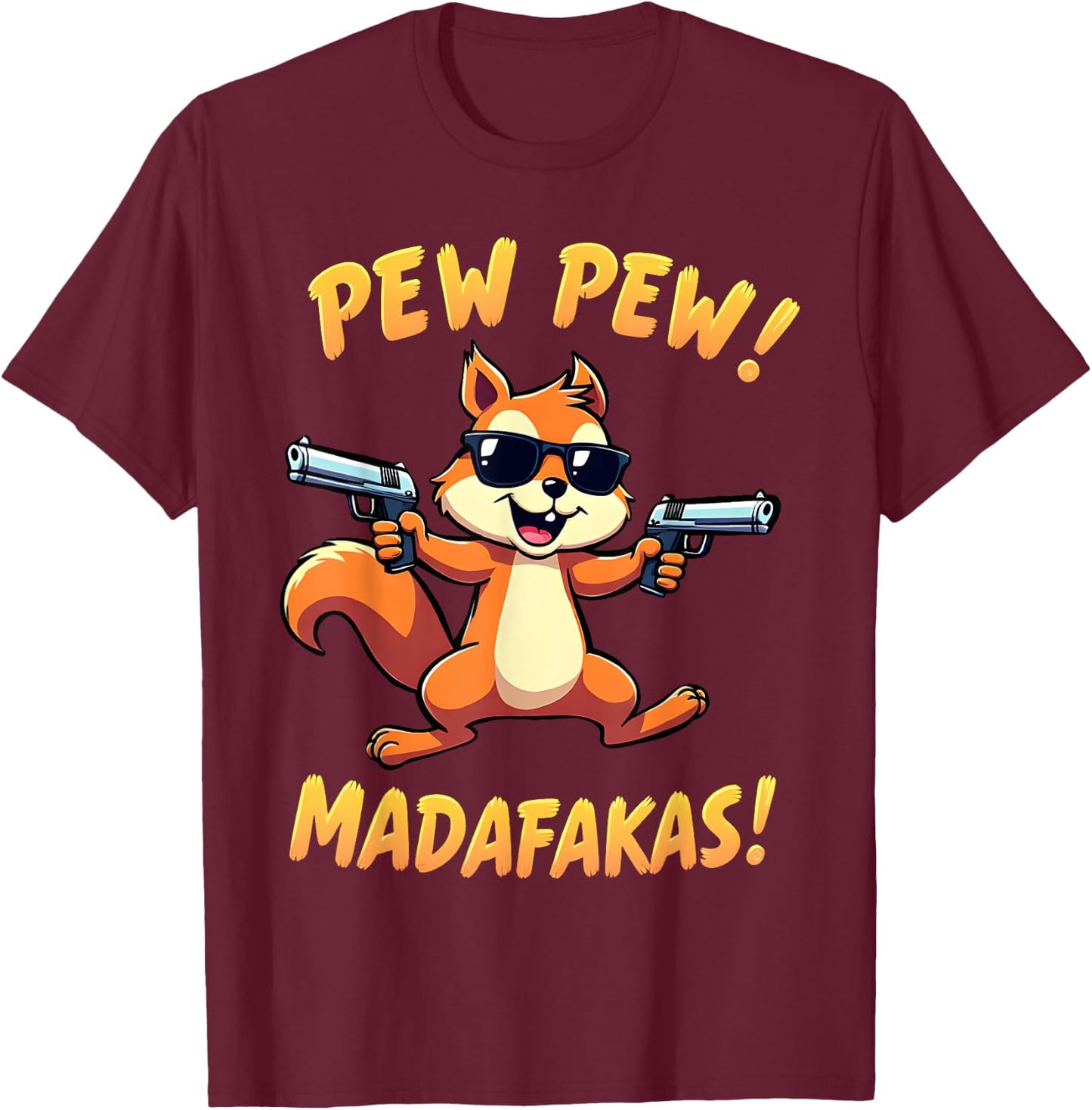 Funny Squirrel with Sunglasses – Cartoon with Guns T-Shirt - T-Shirt | Maroon
