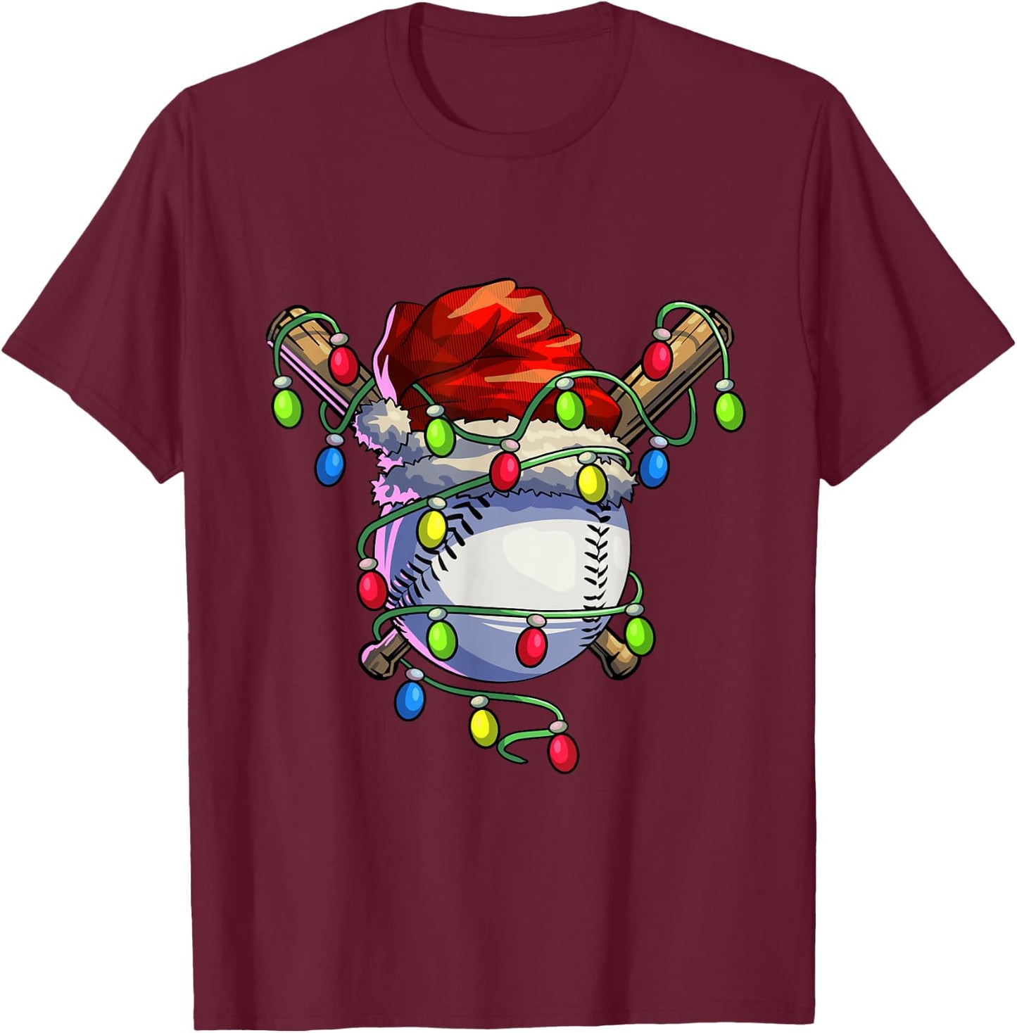 Christmas Baseball Xmas Christmas Lights Baseball Player T-Shirt - T-Shirt | Maroon