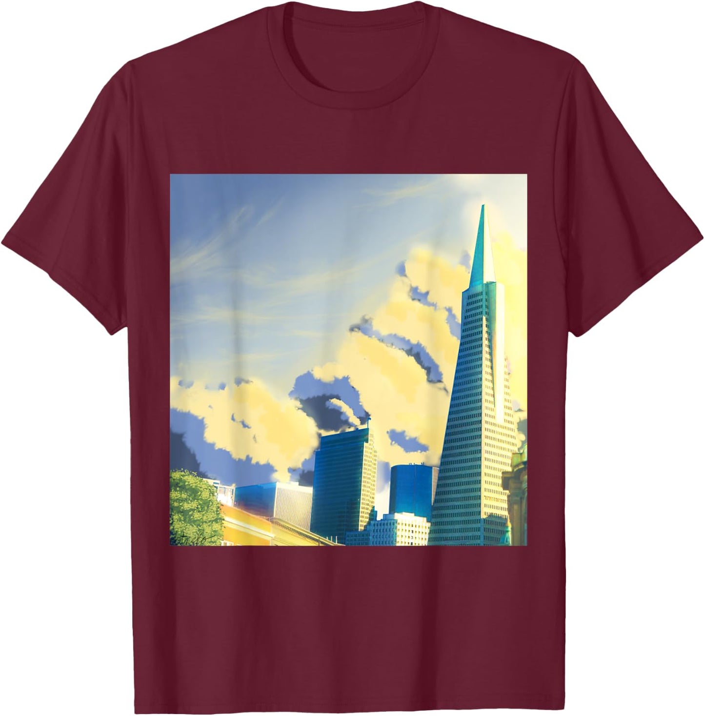 SF Transamerica Pyramid Scenery - Relaxing Anime Sunset T-Shirt - T-Shirt | Maroon