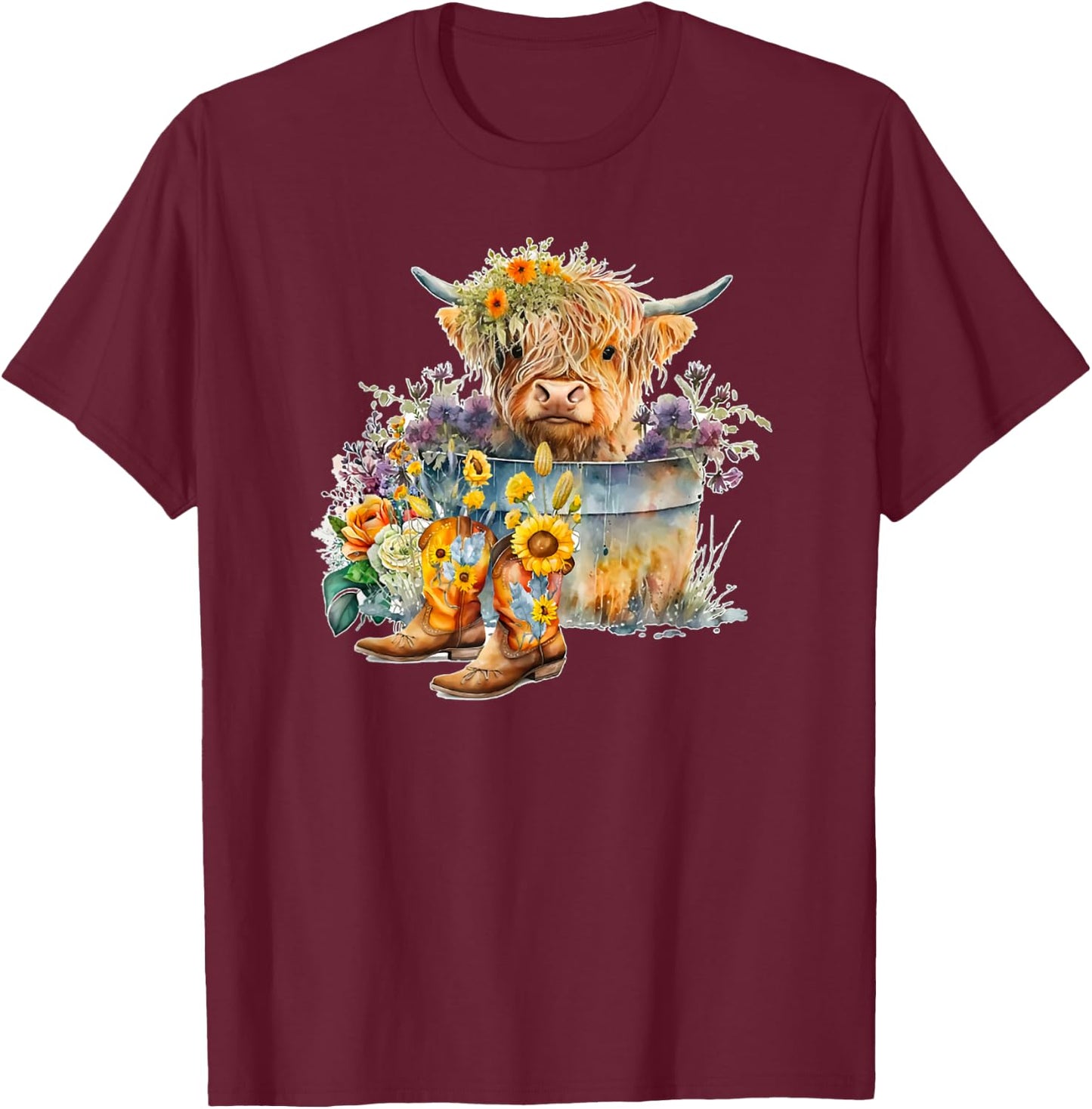 Scottish Highland Cow Cattle Farm Hairy Cowgirl Flower Woman T-Shirt - T-Shirt | Maroon