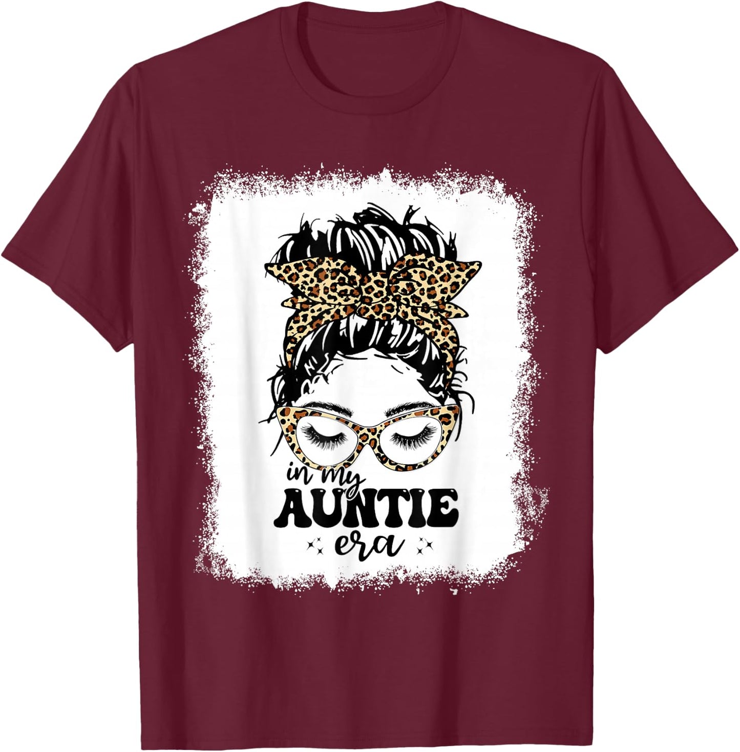 Leopard Messy Bun In My Auntie Era Bleached T-Shirt - T-Shirt | Maroon