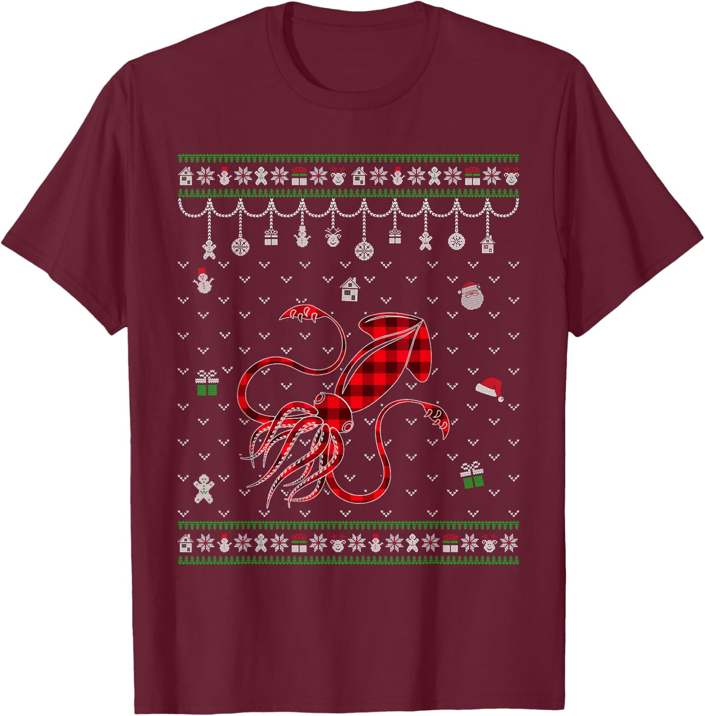 Red Plaid Squid Lover Funny Ugly Christmas Sweater T-Shirt - T-Shirt | Maroon