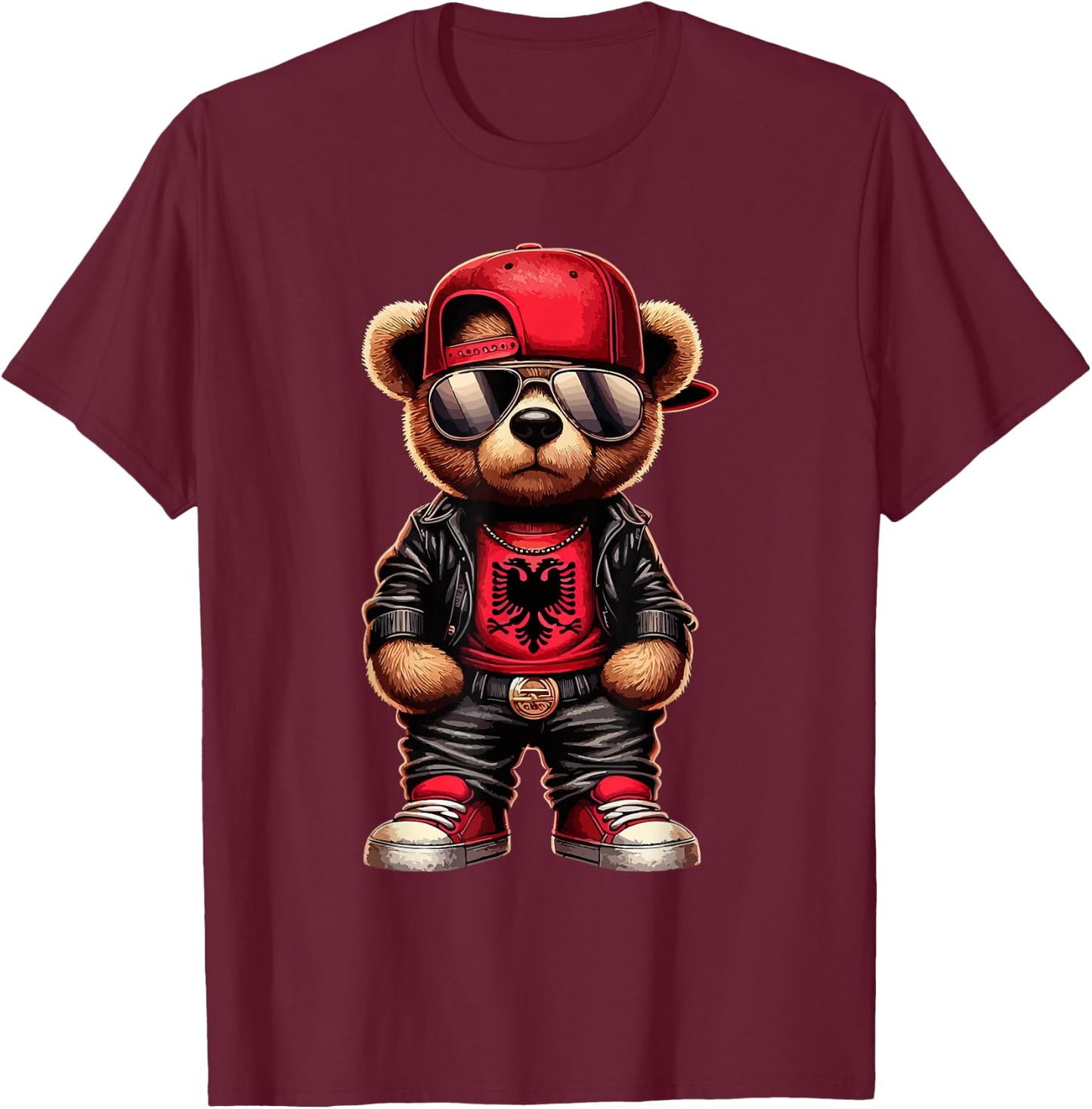 Cool Albanian Teddy Bear Albania Flag Outfit Street , black T-Shirt - T-Shirt | Maroon