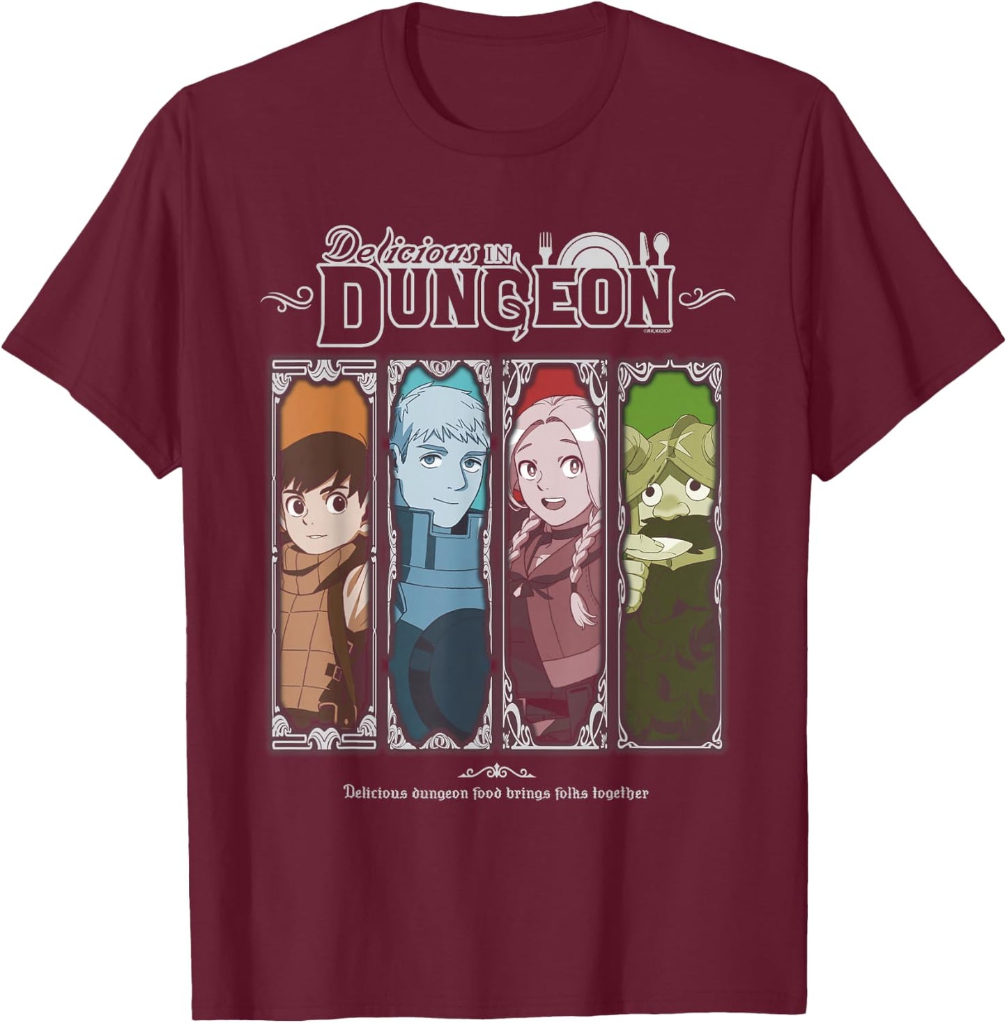 Delicious in Dungeon Ornate Frame Character Panels Anime T-Shirt - T-Shirt | Maroon