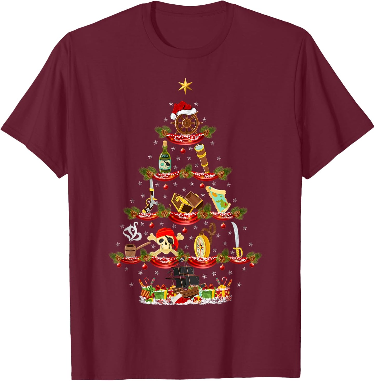 Funny Pirate Xmas Lighting Pirate Christmas Tree T-Shirt - T-Shirt | Maroon