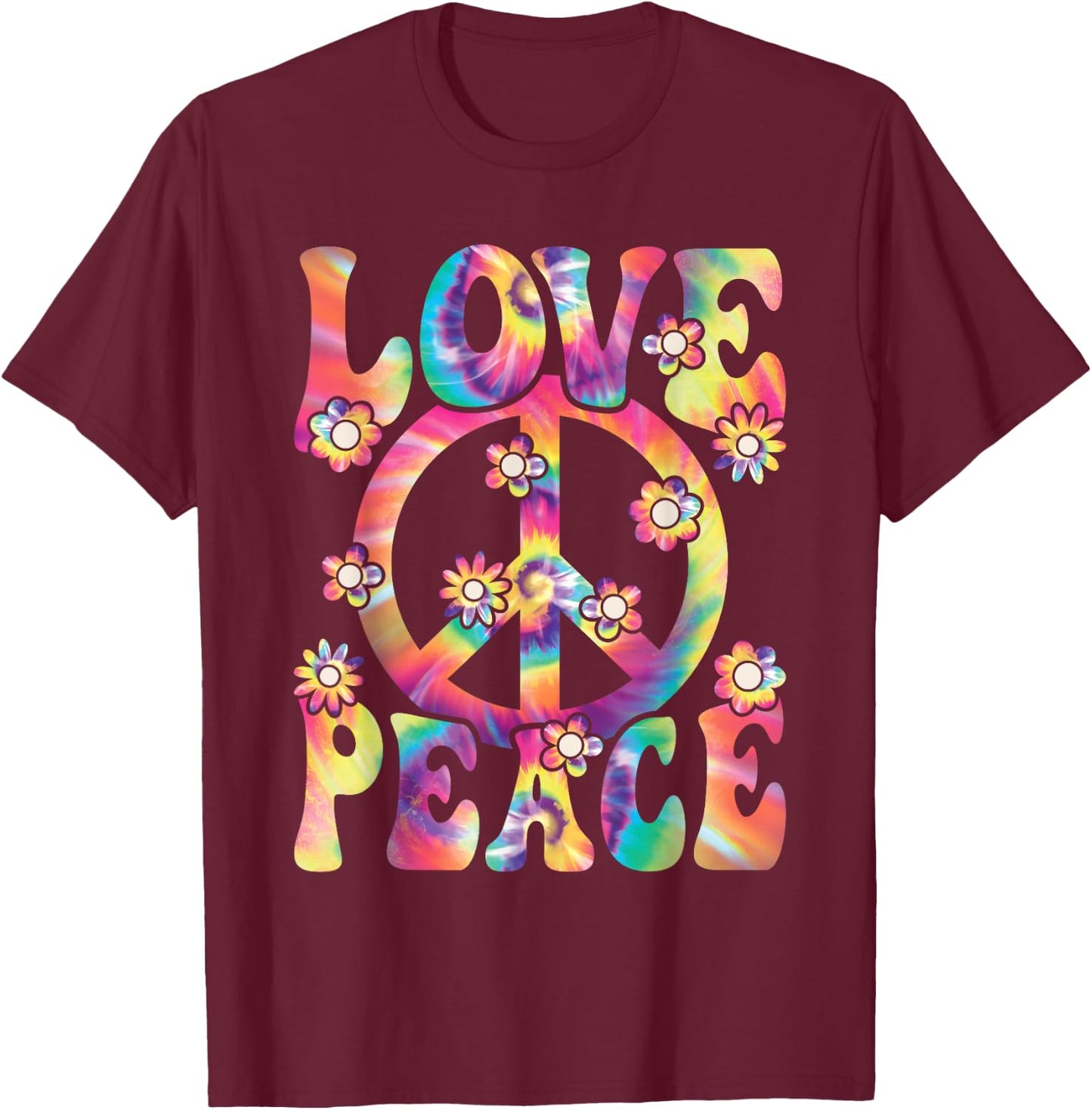 60s 70s Hippie Love Peace Groovy Party Outfit Retro , black T-Shirt - T-Shirt | Maroon