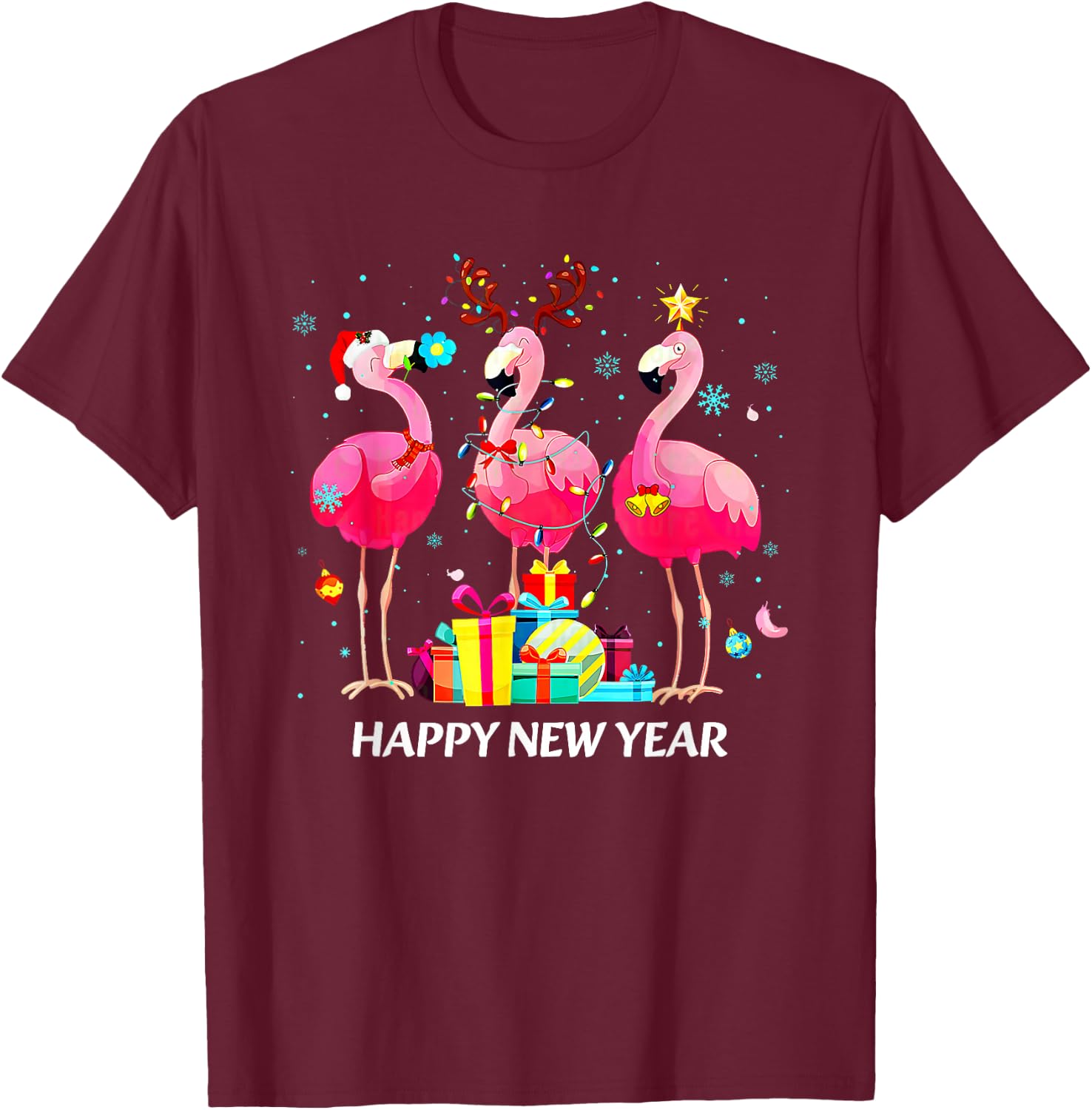 Flamingo Santa Hat Happy New Year Light T-Shirt - T-Shirt | Maroon