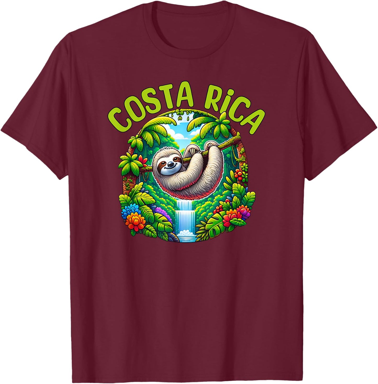 Costa Rica Sloth - Tropical Rainforest Waterfall Travel Fun T-Shirt - T-Shirt | Maroon