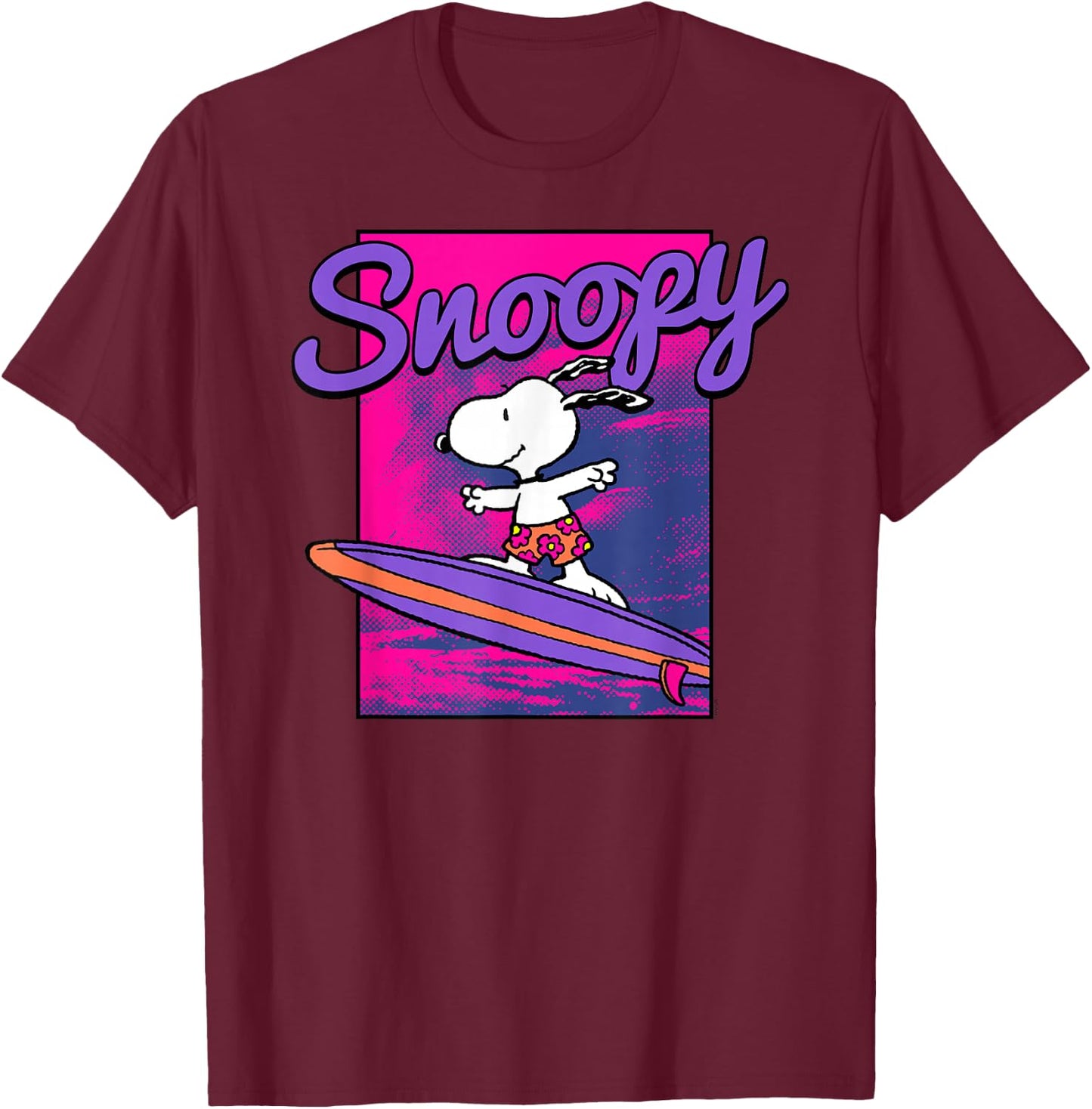 Peanuts Neon Surfing Snoopy T-Shirt - T-Shirt | Maroon