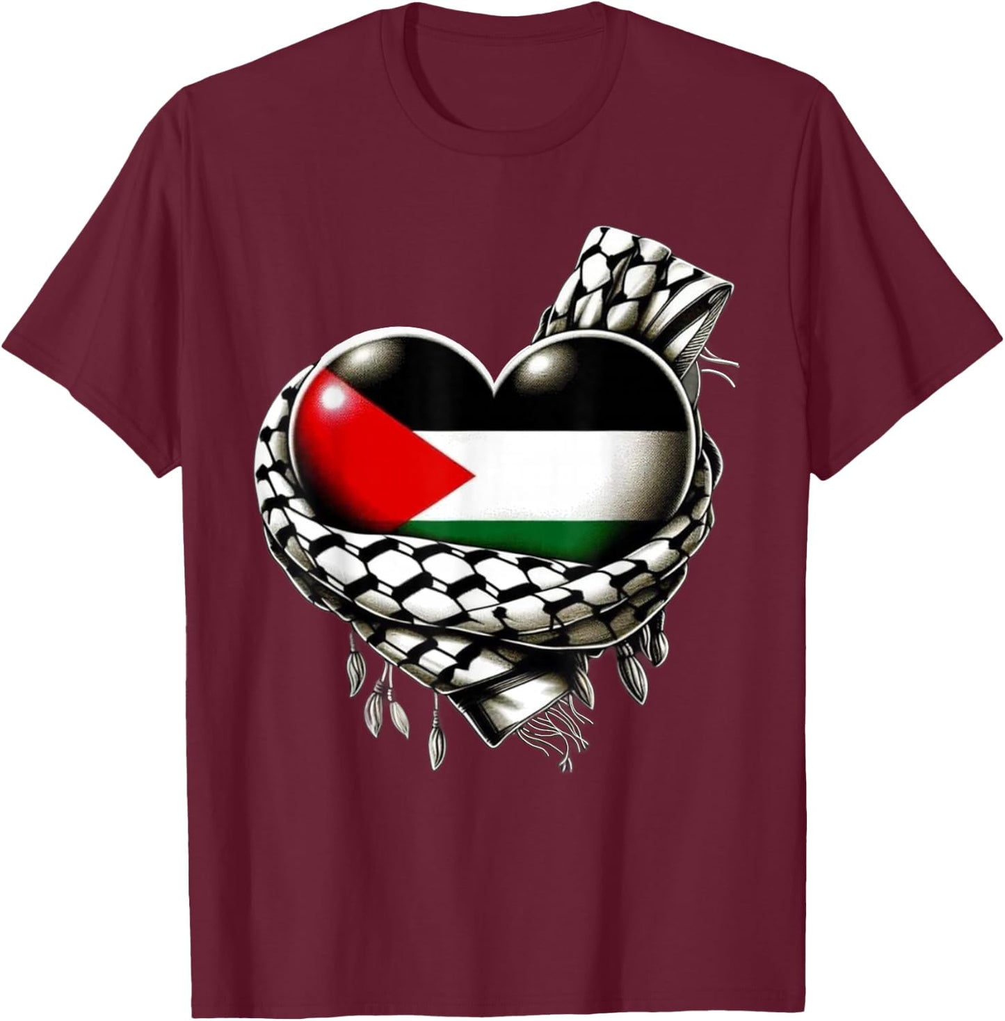 Palestinian Flag Heart Shaped Keffiyeh Palestine T-Shirt - T-Shirt | Maroon