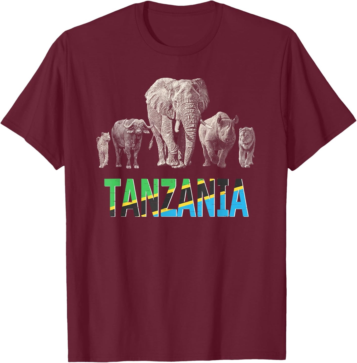 Big 5 Africa Wildlife Design for Tanzania Safari T-Shirt - T-Shirt | Maroon