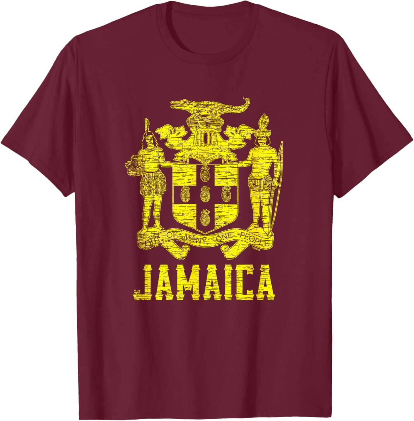 Jamaica, Coat of Arms, Out of Many, One People T-Shirt - T-Shirt | Maroon