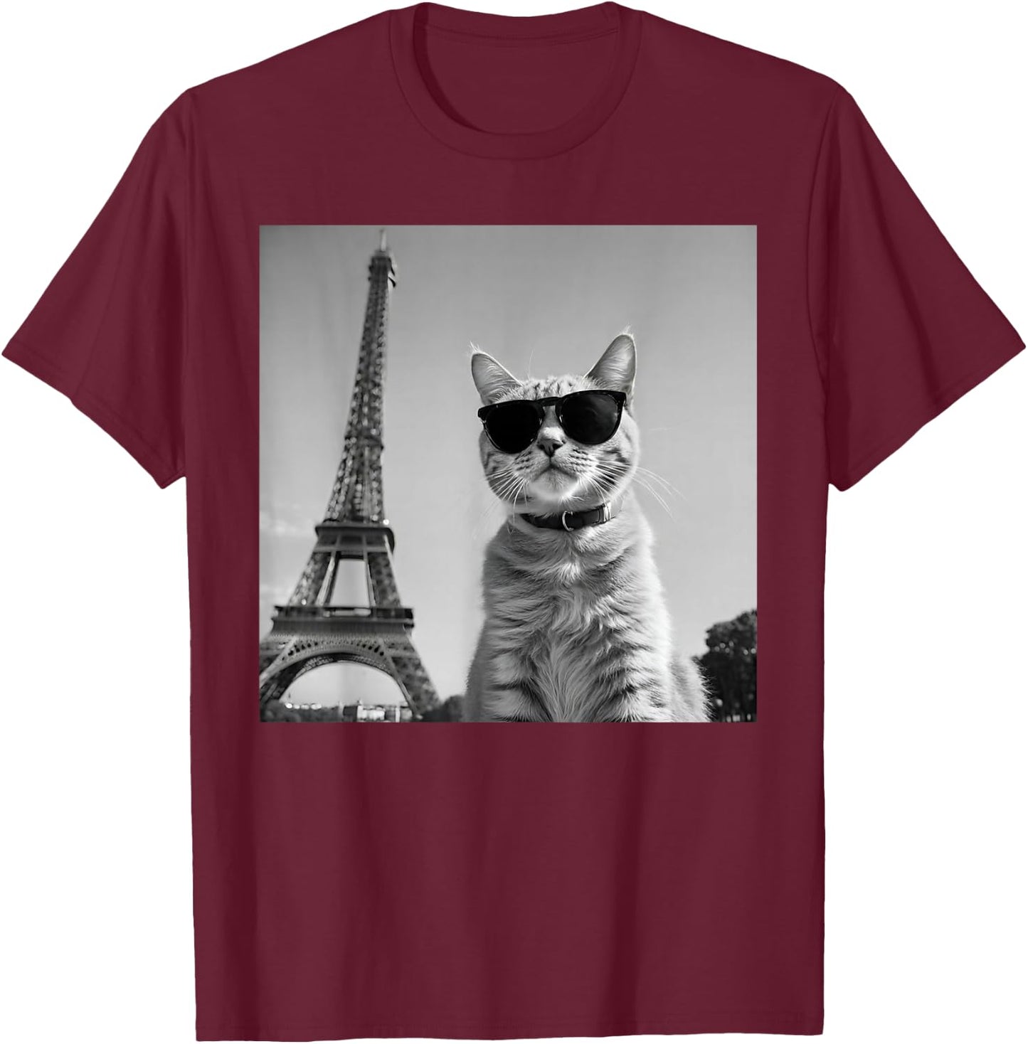 Funny French Cat with Sunglasses and Paris Eiffel Tower , black T-Shirt - T-Shirt | Maroon