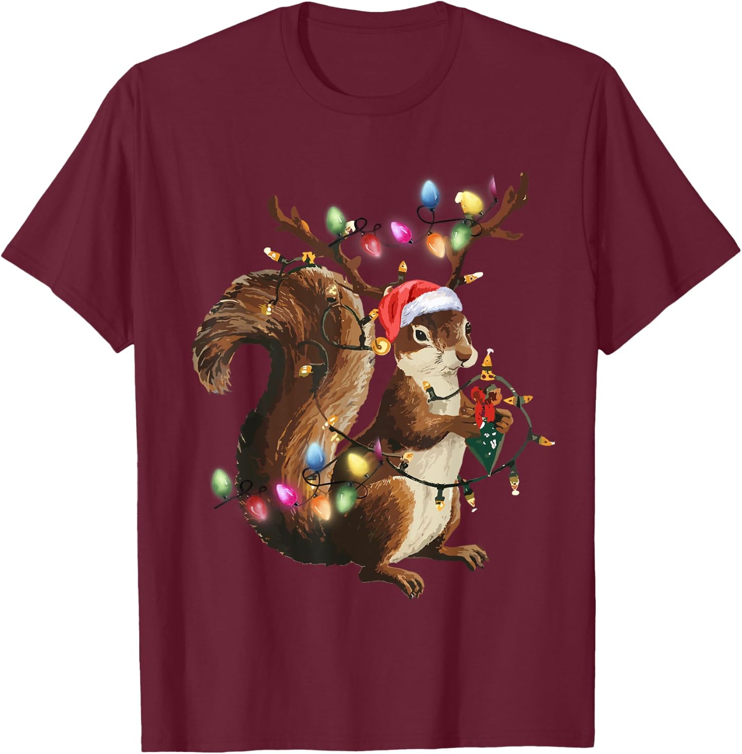 Funny Squirrel Christmas Tree Lights Reindeer Santa Hat Xmas T-Shirt - T-Shirt | Maroon