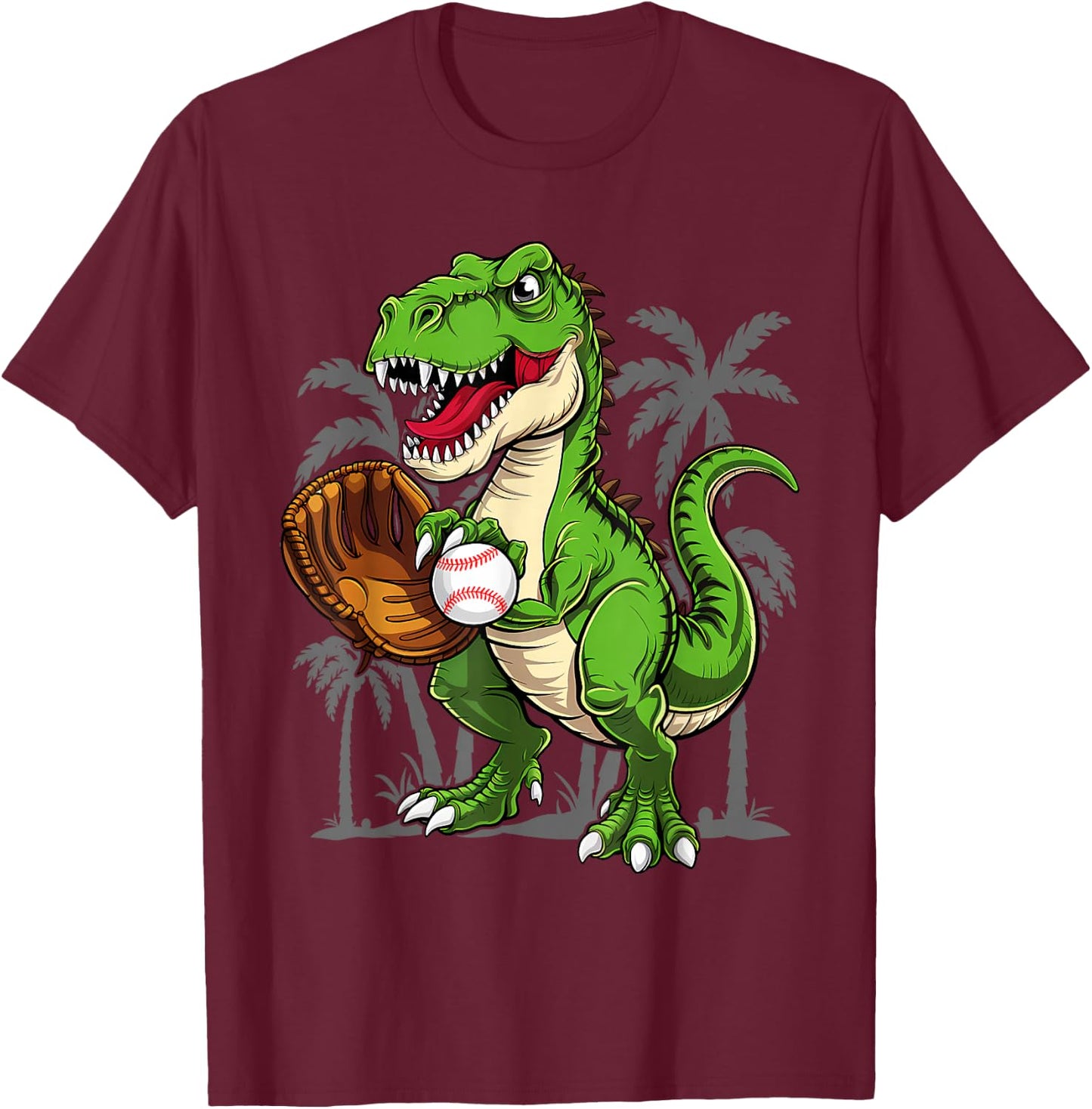 Kids Dinosaur Baseball Cute T-Rex Sports Player Fan Boys Kid T-Shirt - T-Shirt | Maroon