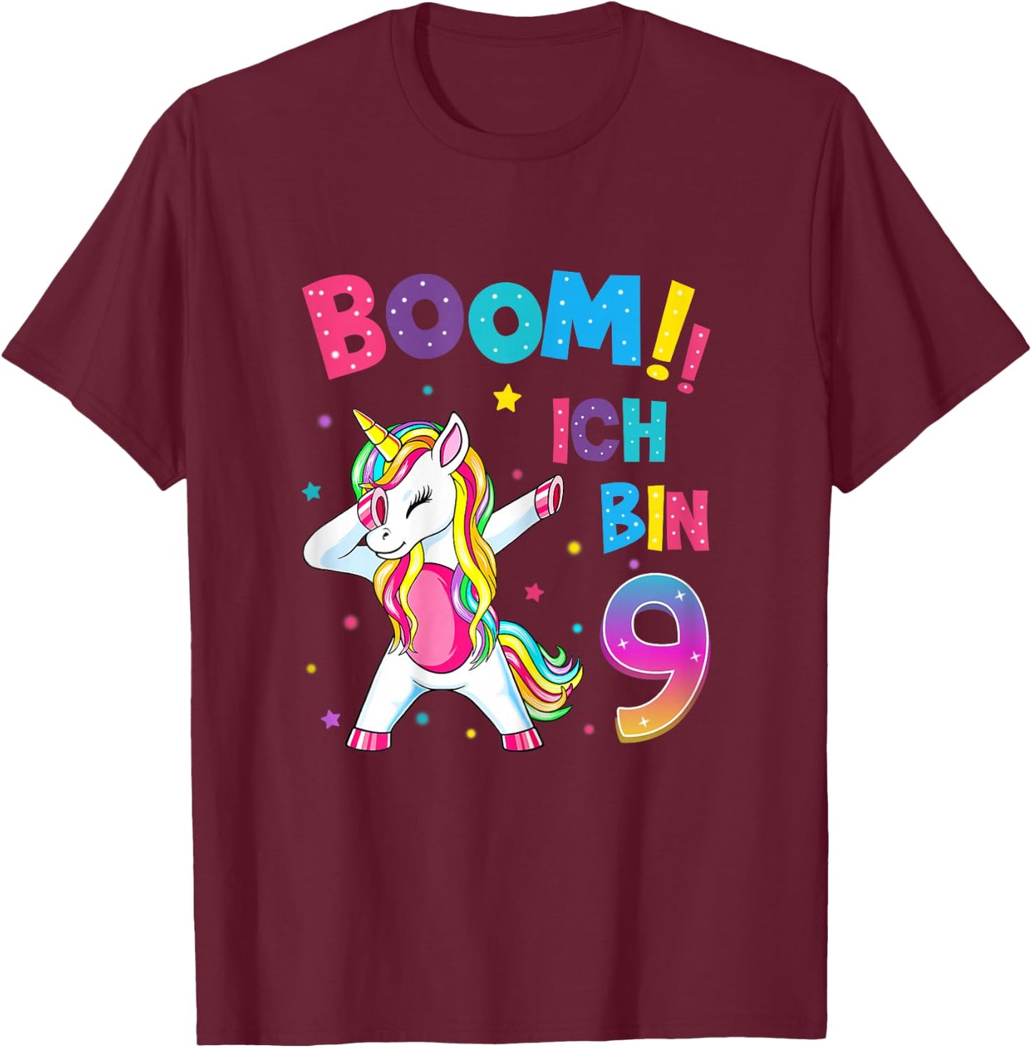 9 Birthday Girl 9 Years Dancing Funny Unicorn , black T-Shirt - T-Shirt | Maroon