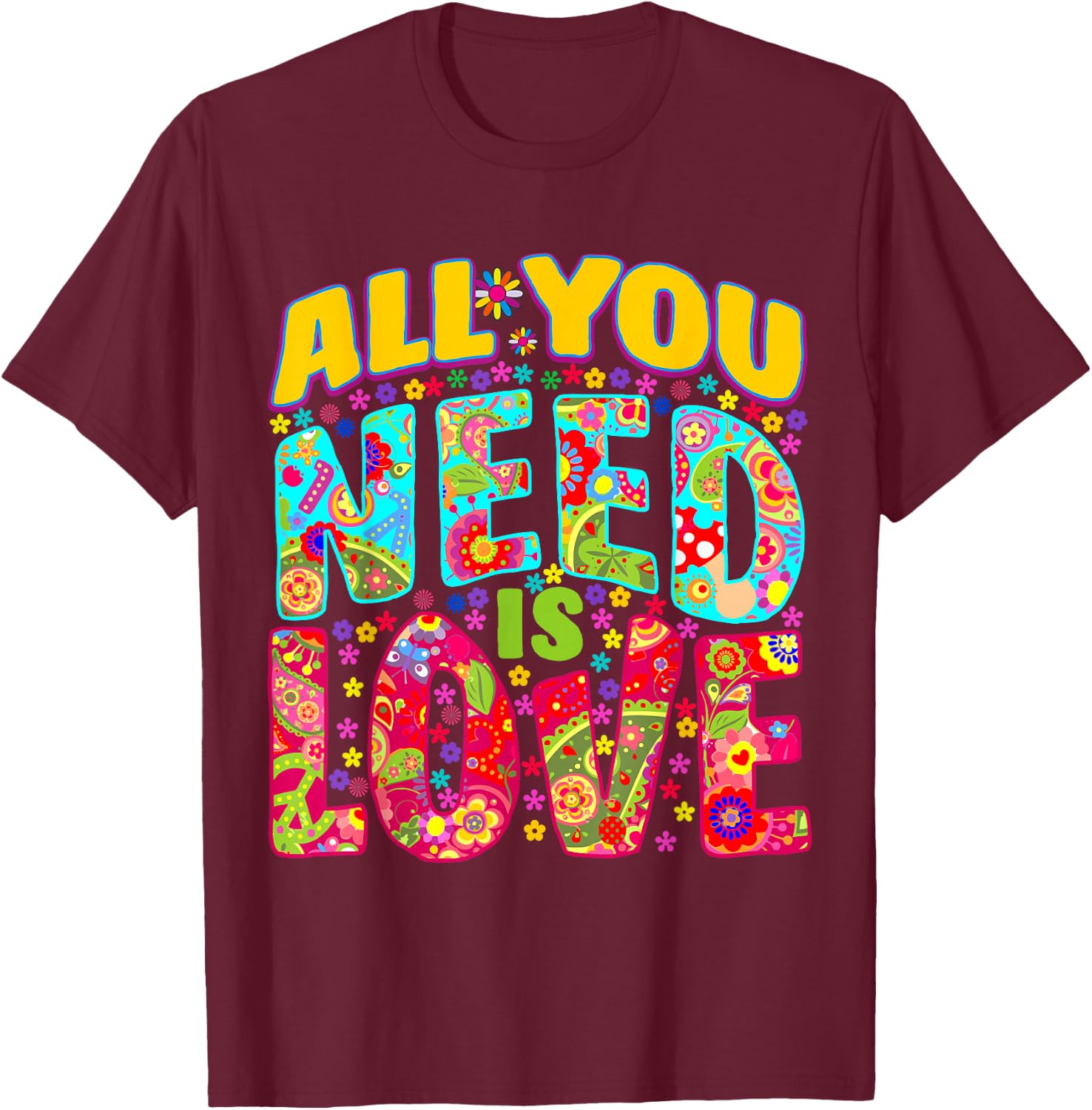 Hippie Flower Power Bohemian Peace Love Retro 60s 70s Groovy , Black, S T-Shirt - T-Shirt | Maroon