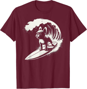 French Bulldog Surfing Ocean Wave Men Women Girls Kids T-Shirt - T-Shirt | Maroon