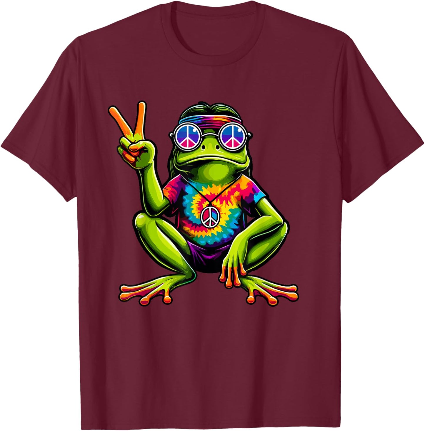 Tie-Dye Hippie Frog, Peace Sign, 60s Party & 70s Costume T-Shirt - T-Shirt | Maroon