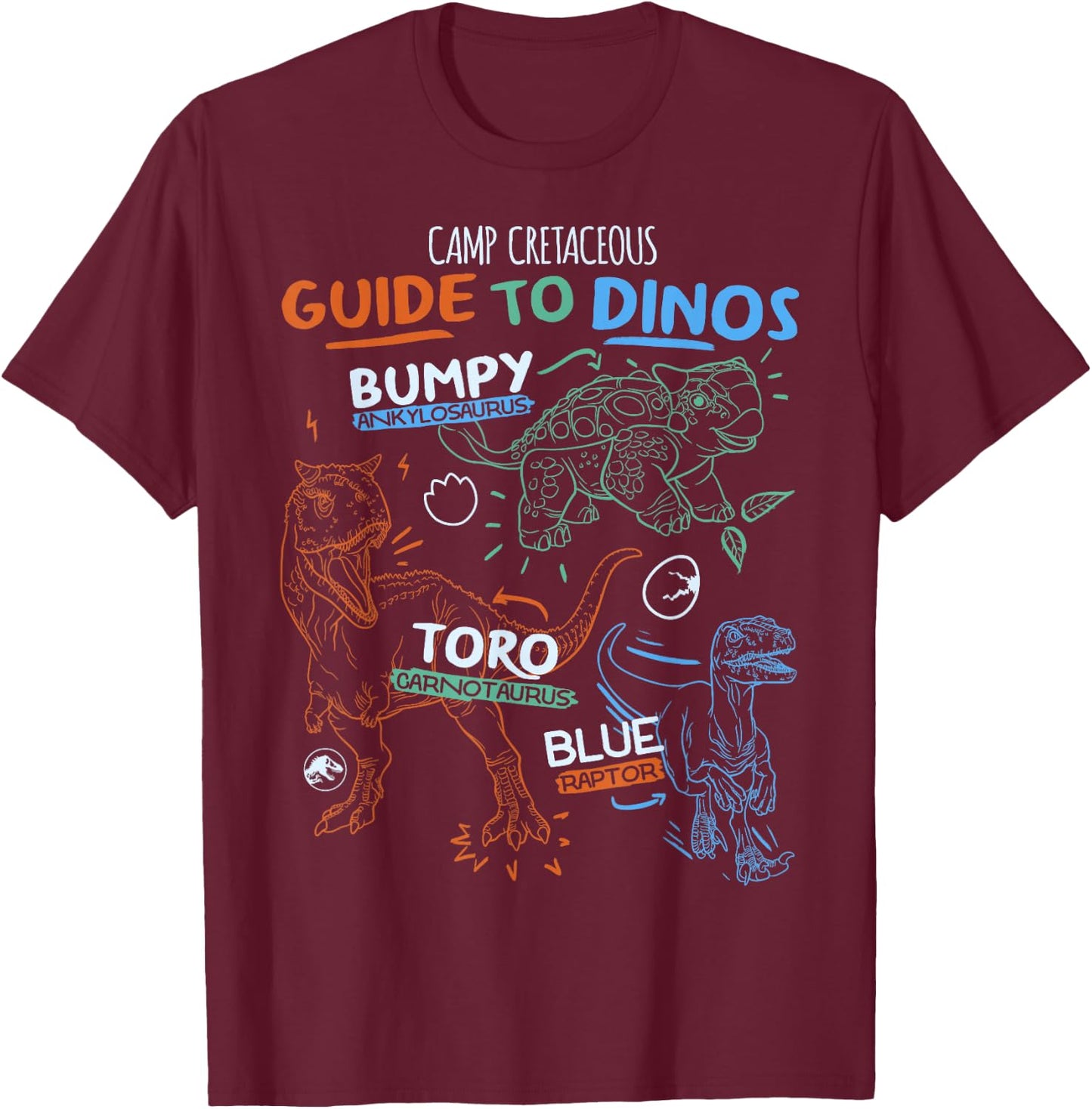 Jurassic World: Camp Cretaceous Guide to Dinos Line Art T-Shirt - T-Shirt | Maroon