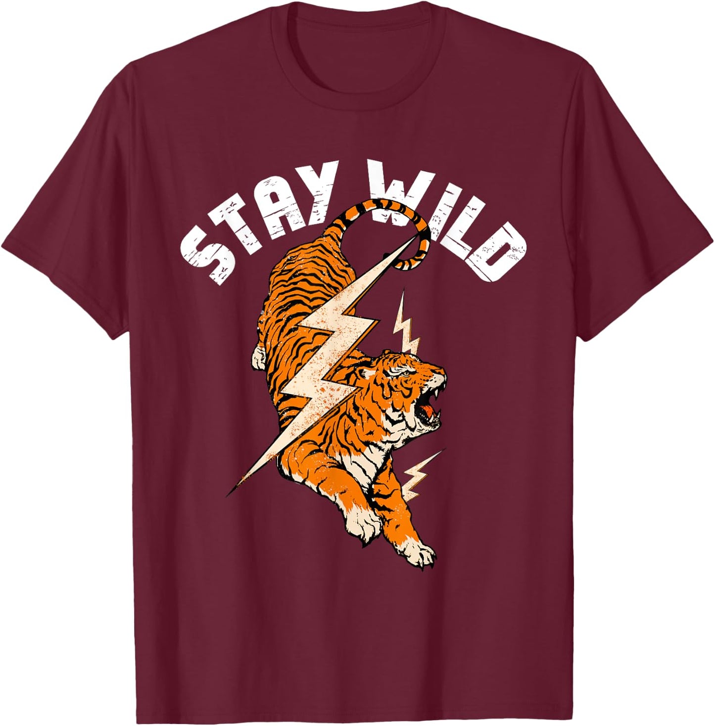Stay Wild Tiger Cool Tiger & Lightning Bolt Retro Distressed T-Shirt - T-Shirt | Maroon