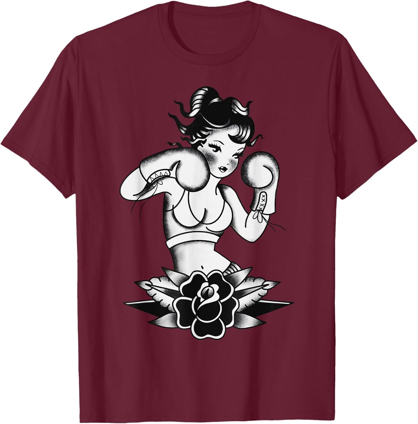 Traditional Boxer Girl Pin-Up Pretty Girl Blackwork T-Shirt - T-Shirt | Maroon
