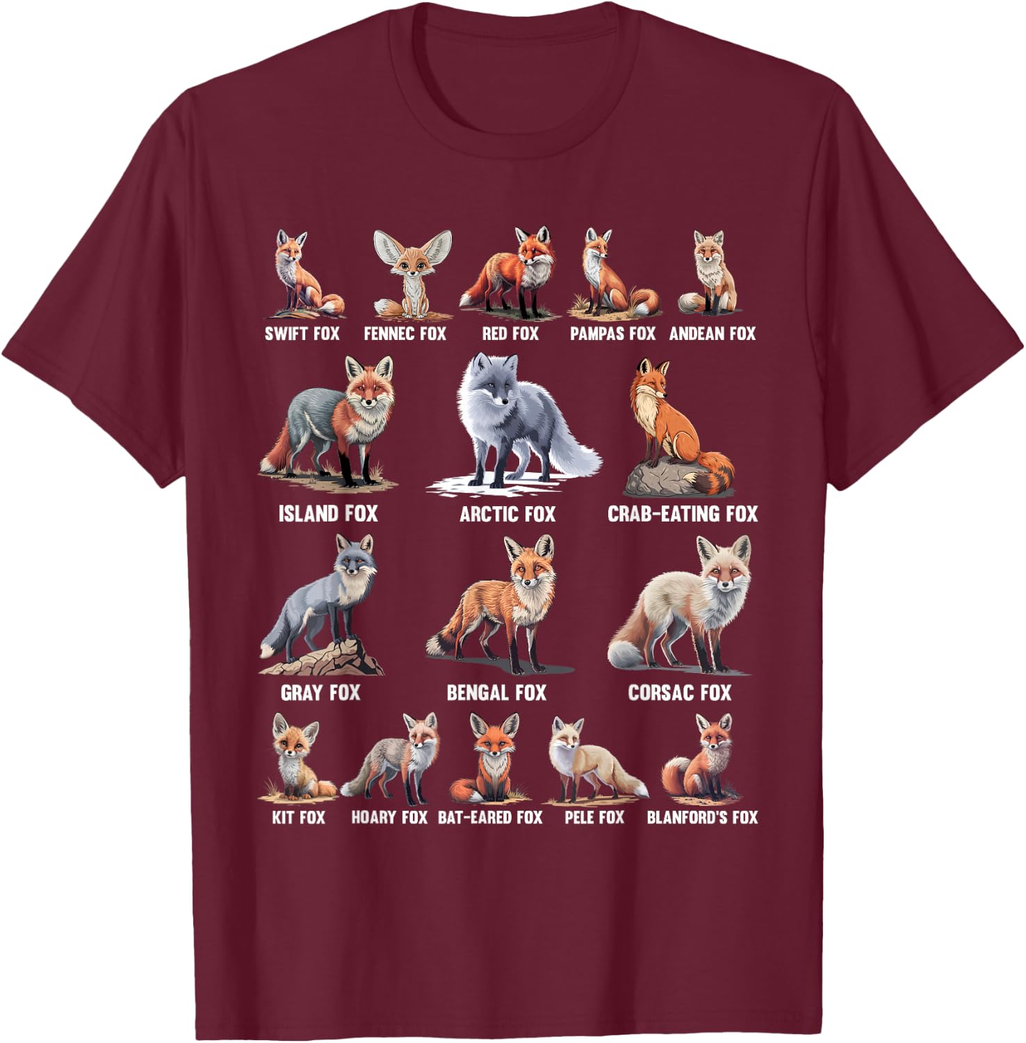 Foxes Of The World Funny Fox Animals Educational T-Shirt - T-Shirt | Maroon