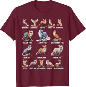 Foxes Of The World Funny Fox Animals Educational T-Shirt - T-Shirt | Maroon
