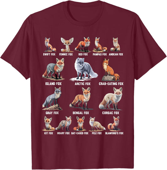 Foxes Of The World Funny Fox Animals Educational T-Shirt - T-Shirt | Maroon