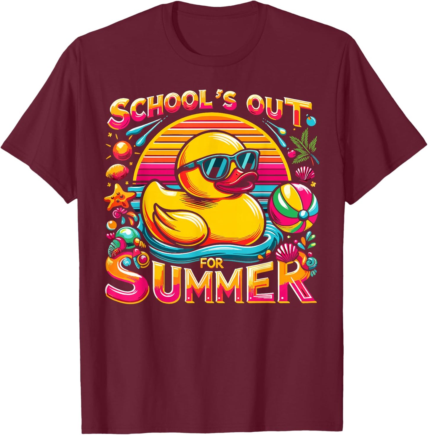Schools Out For Summer Teacher Girls Boys Kids Yellow Duck T-Shirt - T-Shirt | Maroon