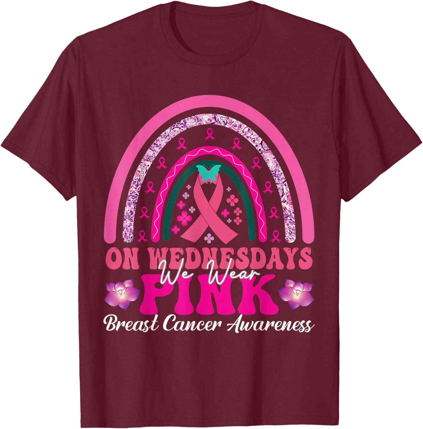 On Wednesday We Wear Pink Rainbow Breast Cancer Fighter T-Shirt - T-Shirt | Maroon