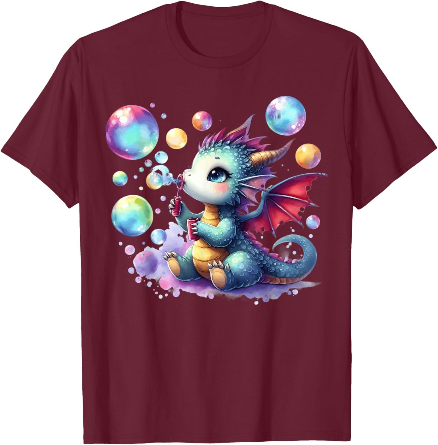 Adorable Baby Dragon Blowing Bubbles Fantasy Magic T-Shirt - T-Shirt | Maroon