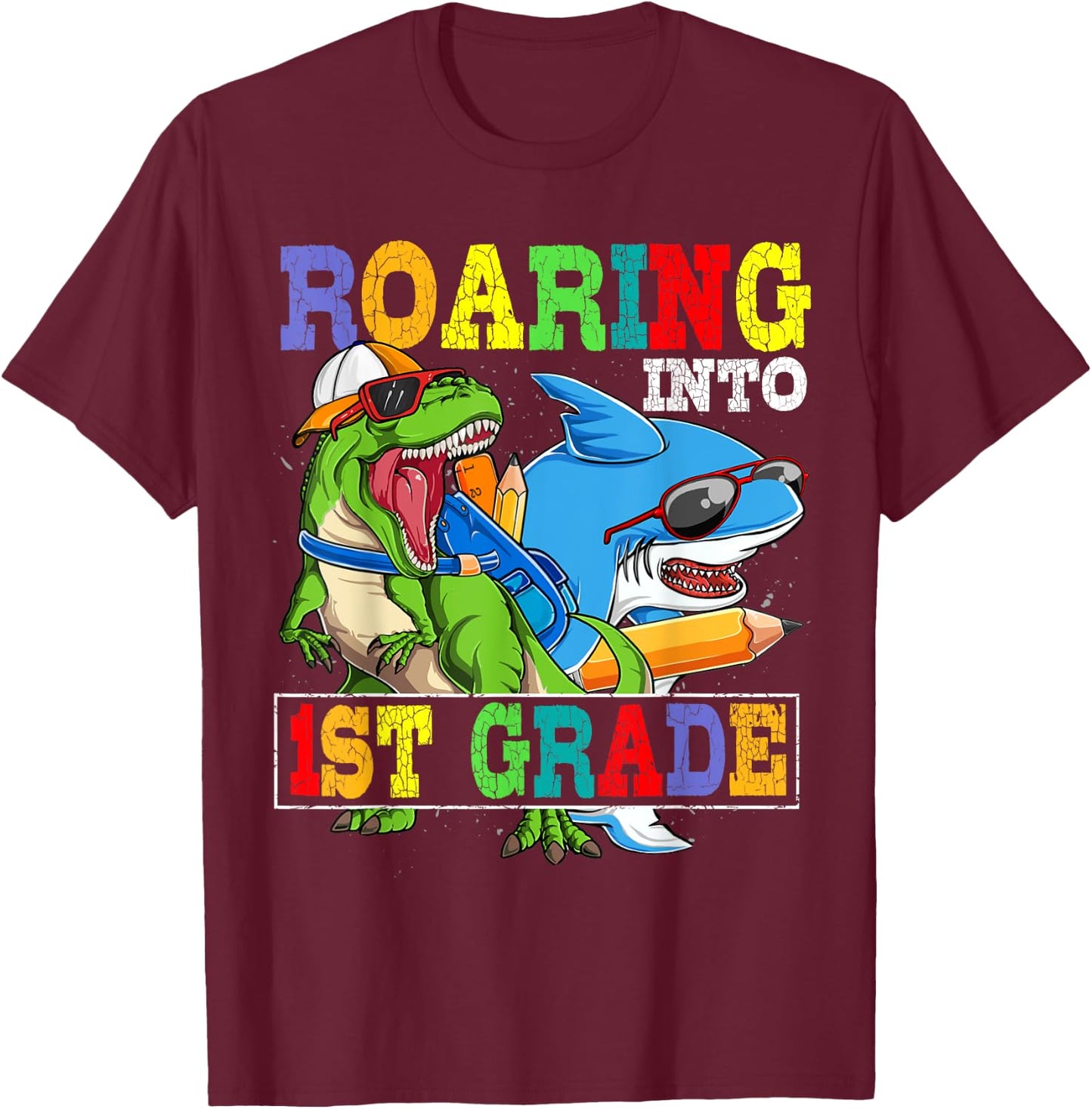 Roaring 1st Grade Dinosaur Shark Back to School Boys Kids T-Shirt - T-Shirt | Maroon
