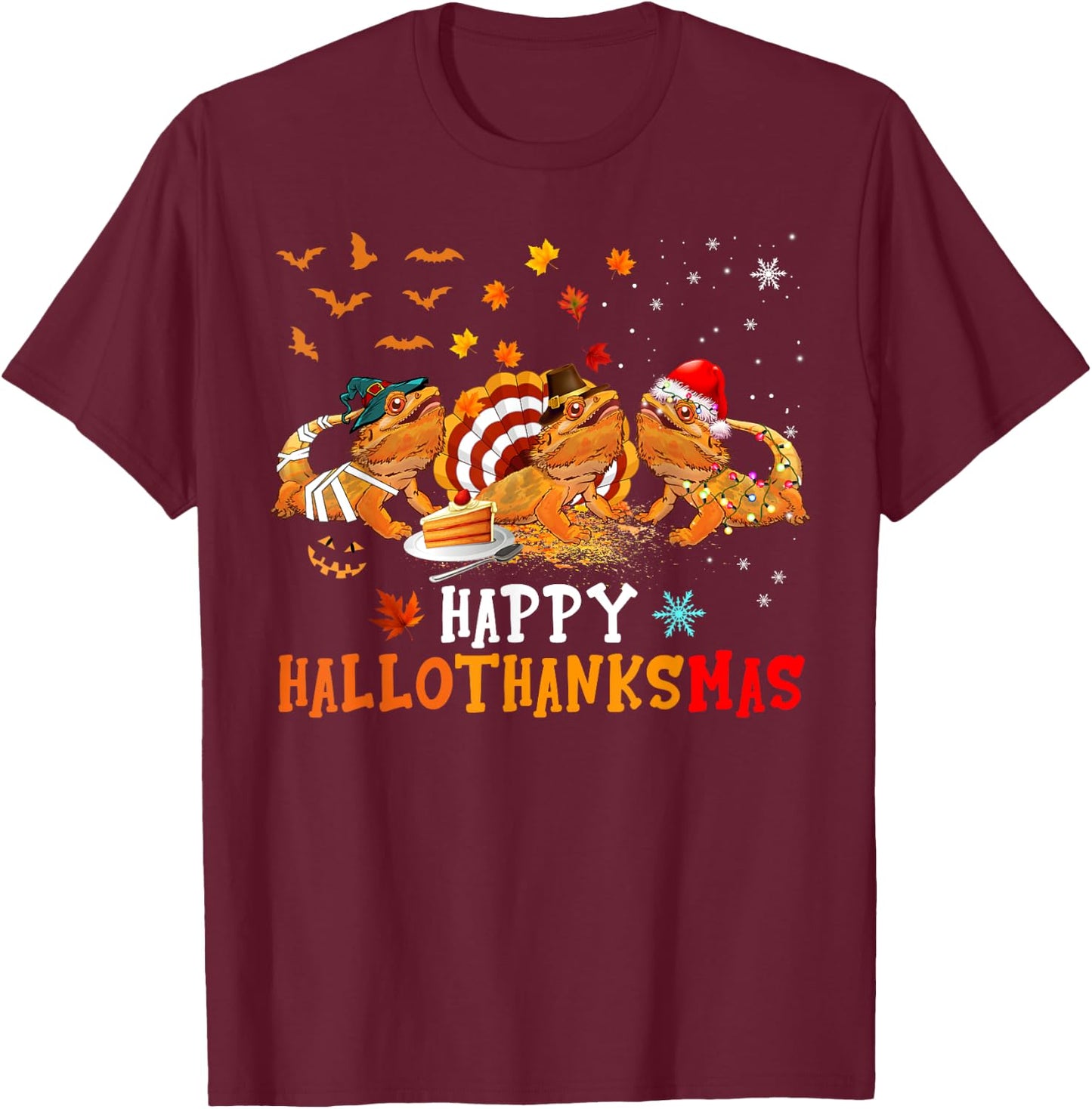 Happy HalloThanksMas Cute Santa Witch Turkey Bearded Dragon T-Shirt - T-Shirt | Maroon