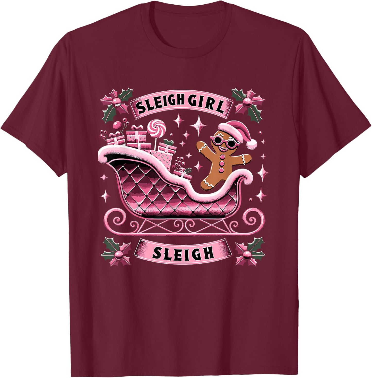 Groovy Pink Christmas Candy Sleigh Girl Gingerbread Holiday T-Shirt - T-Shirt | Maroon