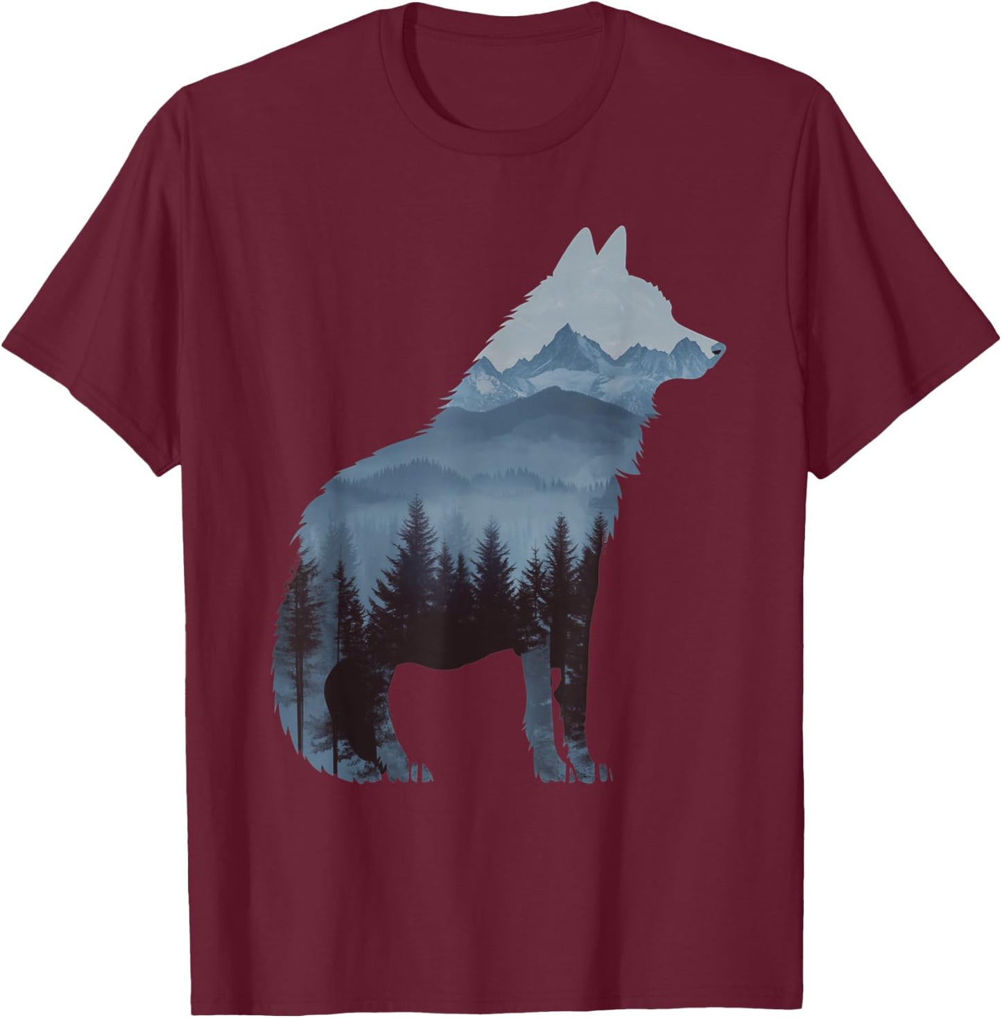 Wolf and Forest Silhouette double exposure Art T-Shirt - T-Shirt | Maroon