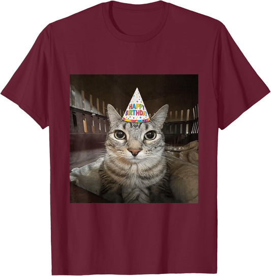 Funny Staring Meme Cat Birthday Greeting Adults Boys Girls T-Shirt - T-Shirt | Maroon