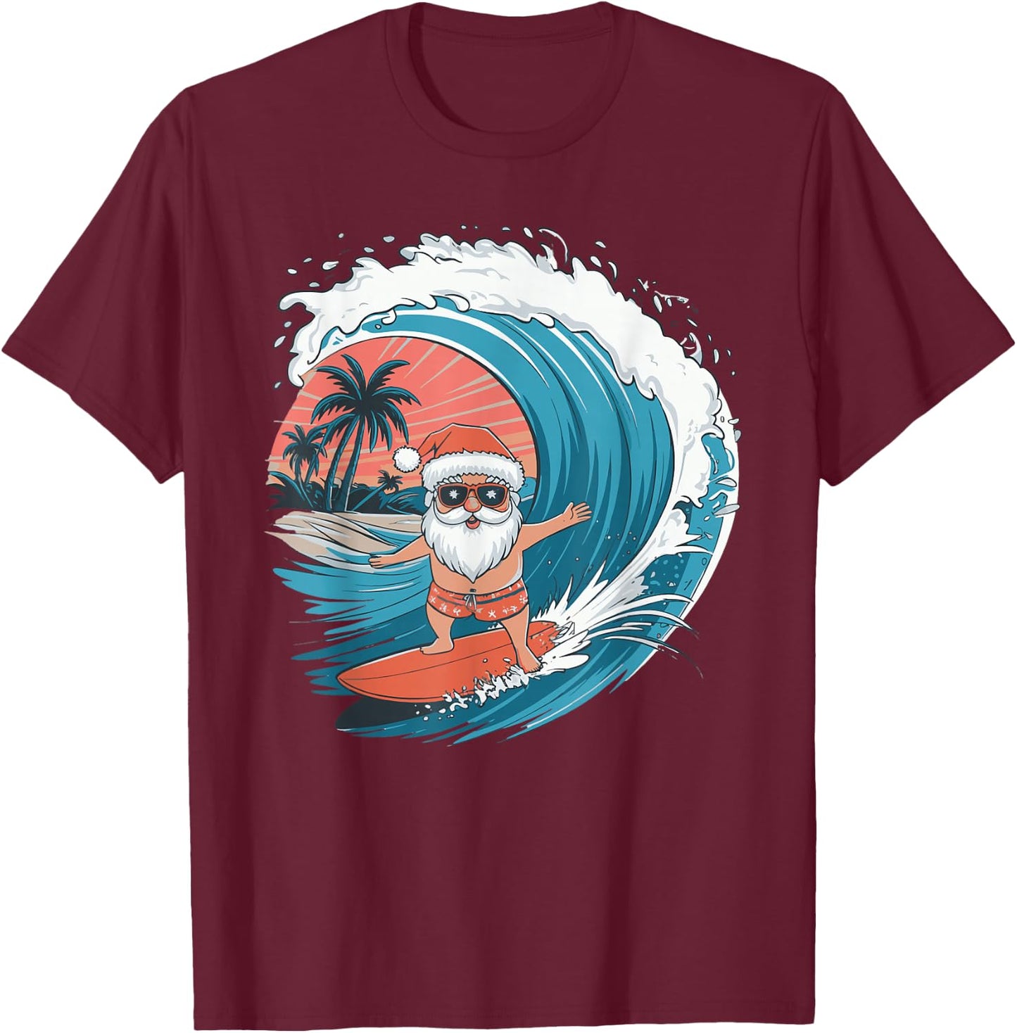 Santa Surfing Surfboard T-Shirt - T-Shirt | Maroon