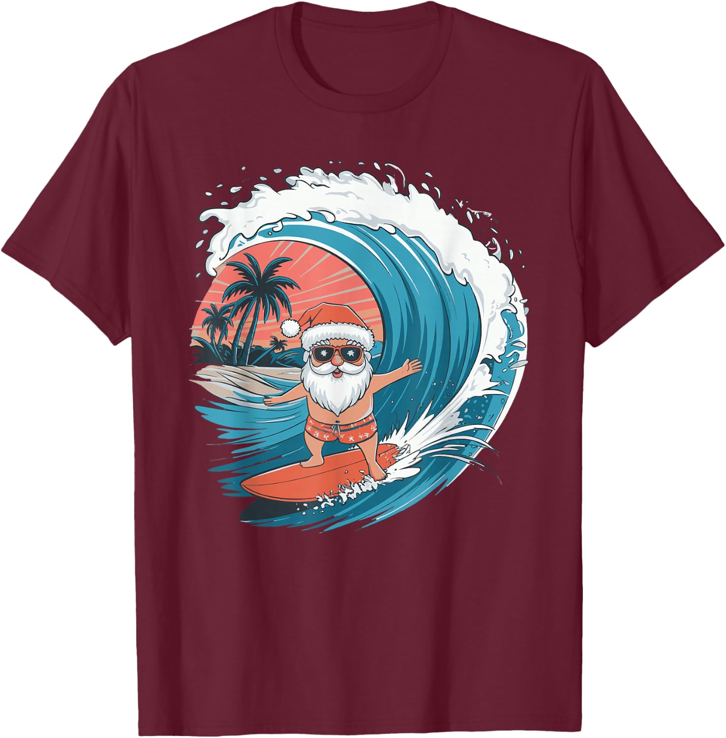 Santa Surfing Surfboard T-Shirt - T-Shirt | Maroon