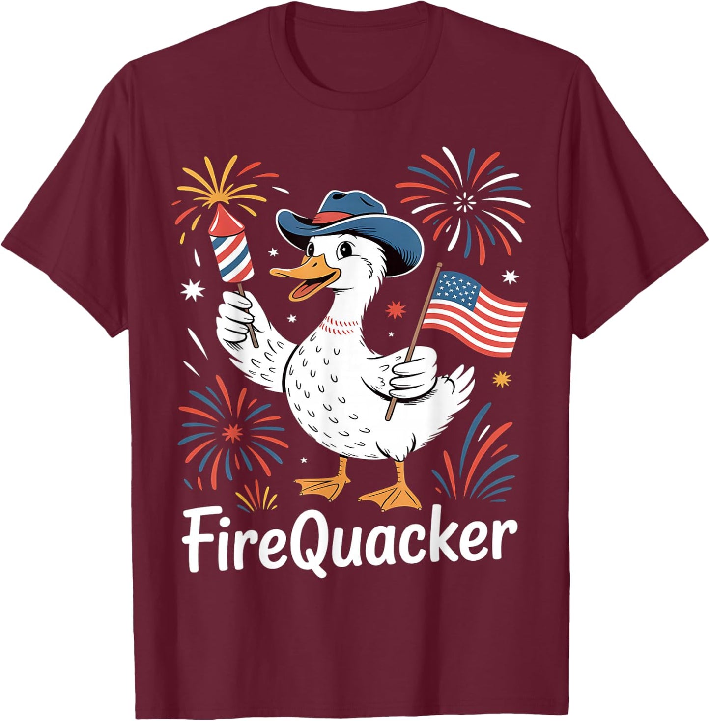 Firequacker 4th of July Rubber Duck USA Flag T-Shirt - T-Shirt | Maroon