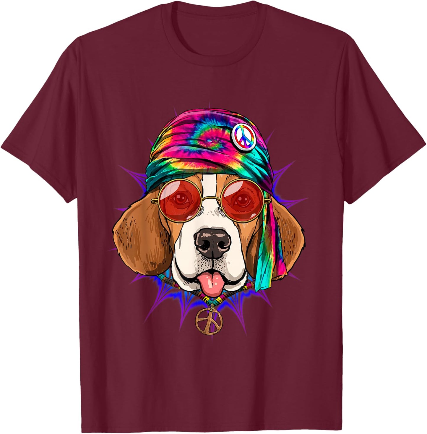 Tie Dye Hippie Beagle Hippiness Peace Love Dog T-Shirt - T-Shirt | Maroon
