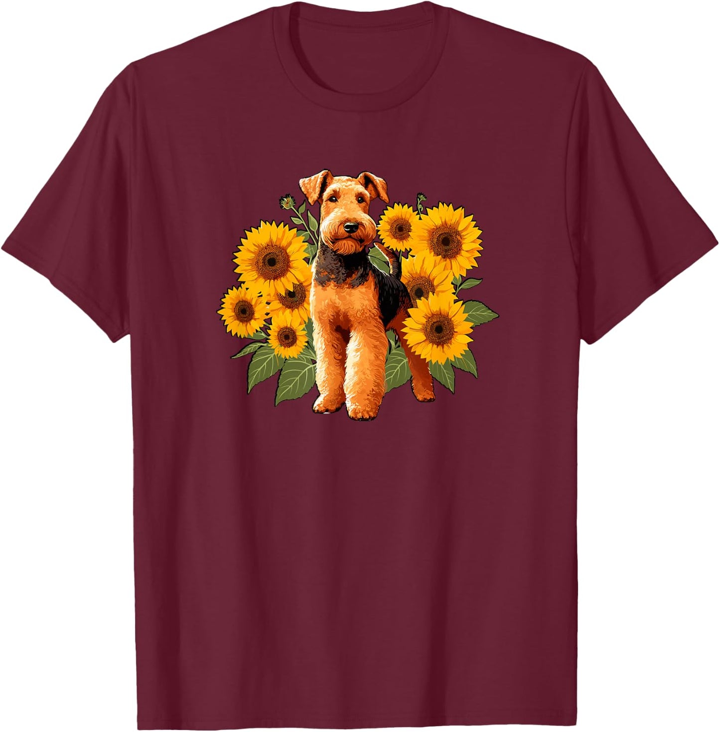 Funny & Girls Sunflowers Airedale Terrier Dog Lover T-Shirt - T-Shirt | Maroon