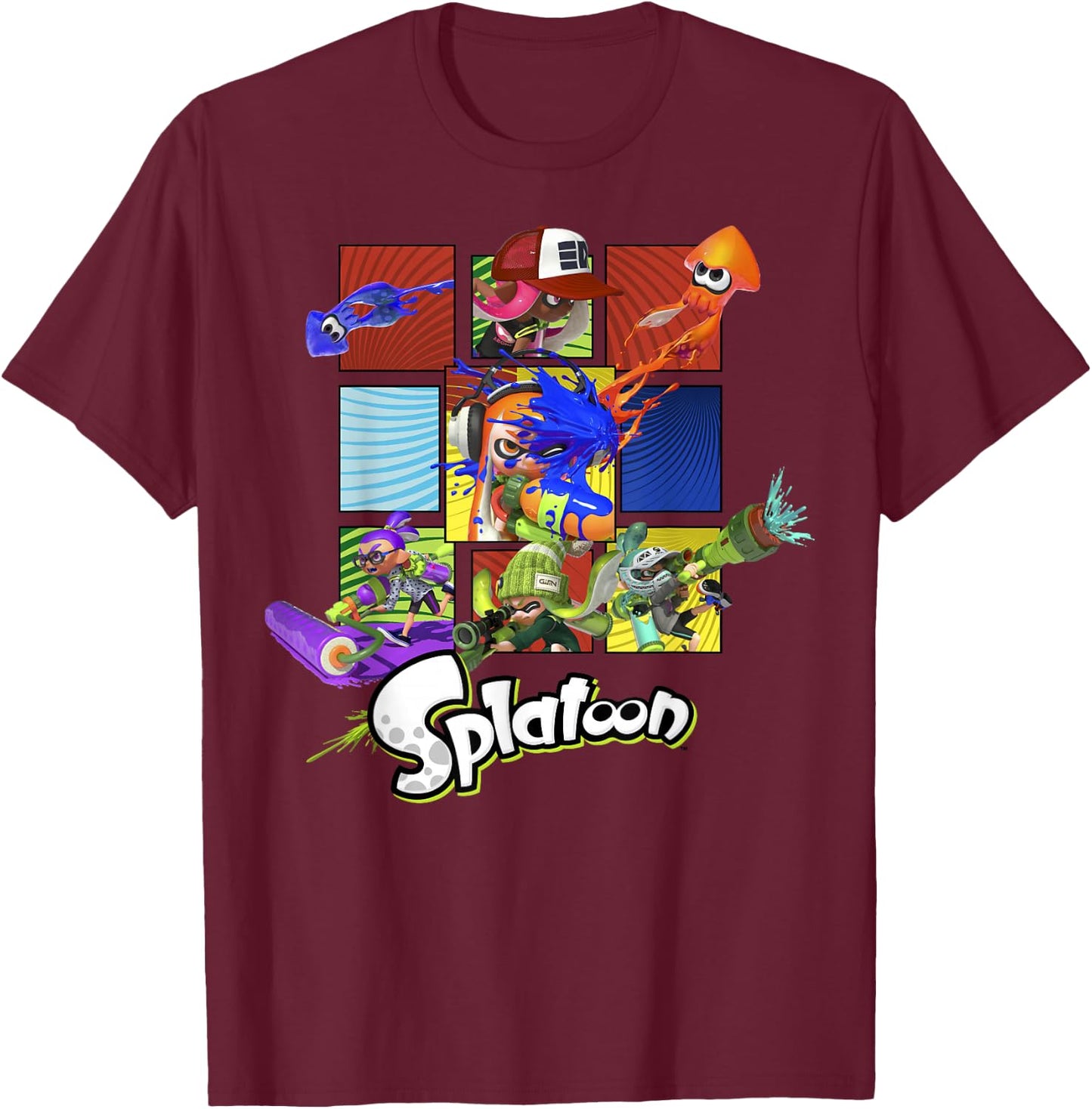 Nintendo Splatoon Inklings in Action Boxes Graphic T-Shirt - T-Shirt | Maroon
