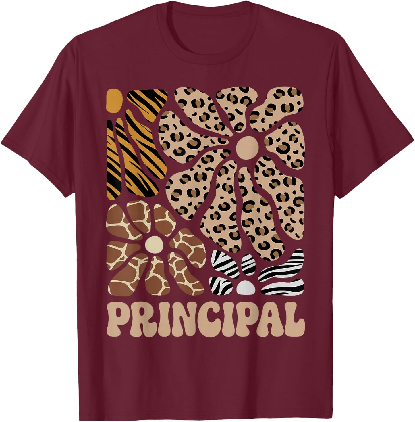 Principal Safari Animals Floral Boho Leopard T-Shirt - T-Shirt | Maroon