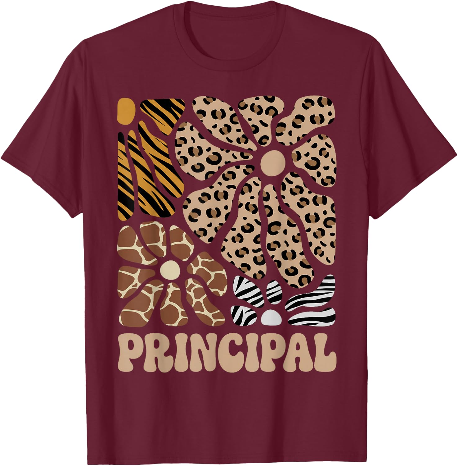 Principal Safari Animals Floral Boho Leopard T-Shirt - T-Shirt | Maroon