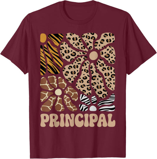 Principal Safari Animals Floral Boho Leopard T-Shirt - T-Shirt | Maroon