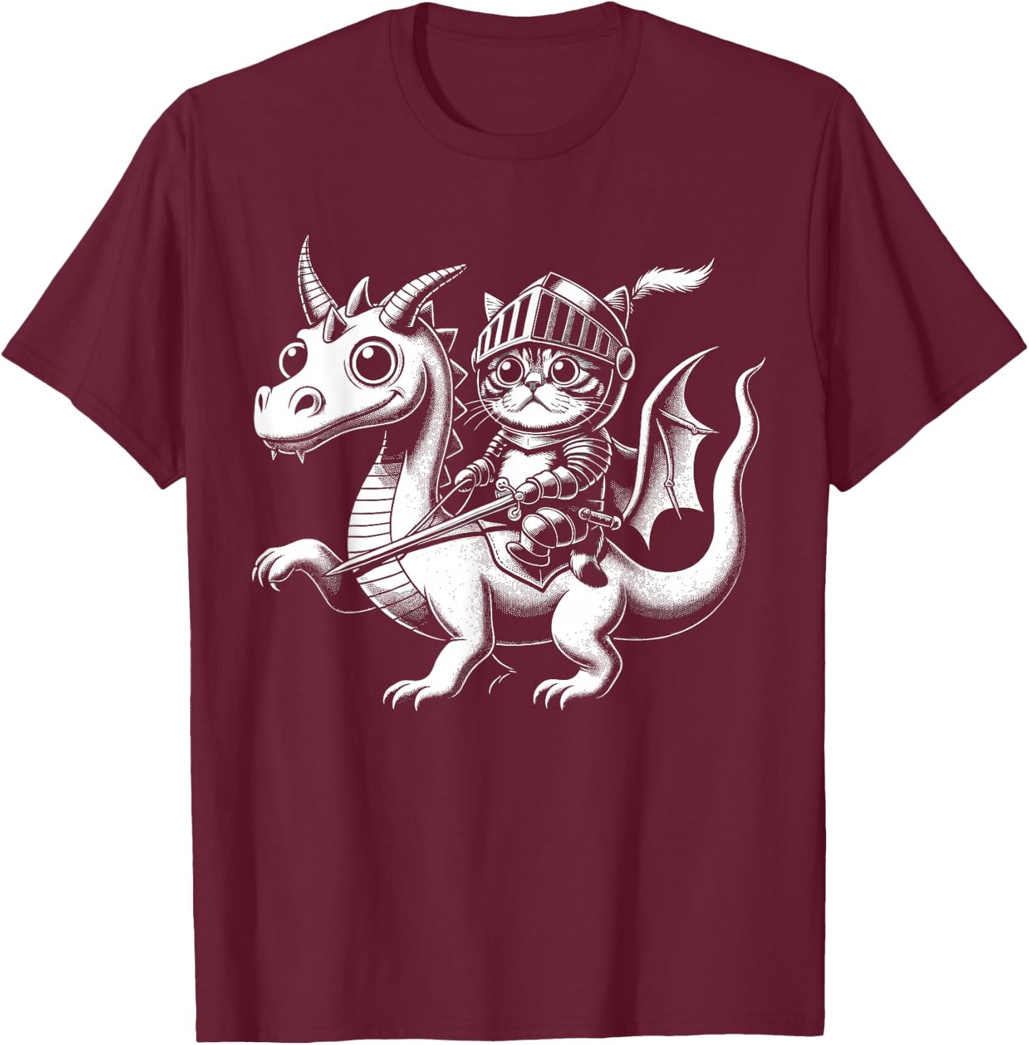 Cute Kawaii Cat Knight Riding A Dragon T-Shirt - T-Shirt | Maroon
